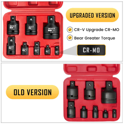 Eight Piece Impact Socket Adapter And Reducer Set For One Quarter, Three Eighths, One Half, And Three Quarters Inch Drive, Built Tough Heavy Duty CrMo Steel With Durable Case