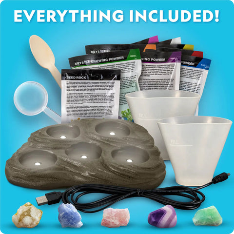 Fast Growing Crystal Kit For Kids With Eight Colors Blue Pink Red Purple Green Orange Yellow And Glow In The Dark Totally Fun STEM Science Gift For Ages Eight To Twelve Kid Friendly Crystal Craft That Grows In Three To Four Days, full kit components