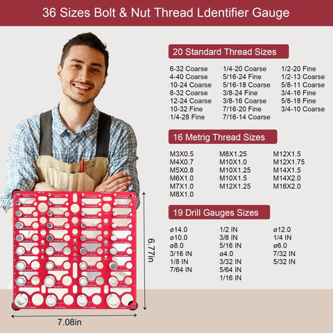 Front view of red metal bolt and nut thread gauge board, wall-mountable with 36 sizes and drill gauge
