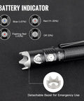 Close-up of BSS V6 Tactical Flashlight 2000 Lumens USB C Rechargeable LED with battery indicator and detachable bezel.