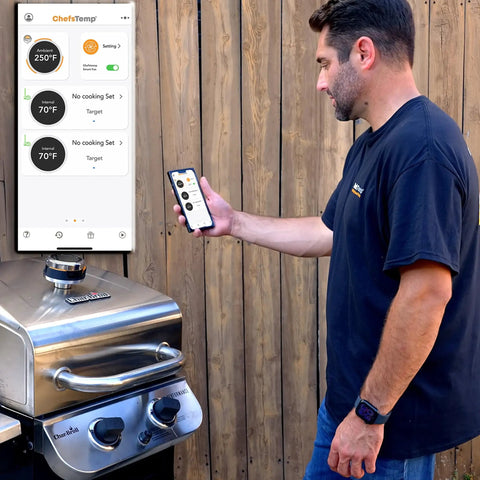 Universal Smart Grill Gauge Thermometer Hub With Wi Fi And Bluetooth For Kamado Joe Weber Grills And Smokers Replacement Accessory 3.5 Inch Length 0.3 Inch Diameter Not For Big Green Egg For Grill Lovers Who Want Pro Level Monitoring On The Fly next to a man using smartphone app with grill in background