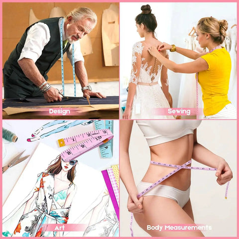 Various uses of the Compact 60-Inch Double-Sided Tape Measure Set, including design, sewing, art, and body measurements.