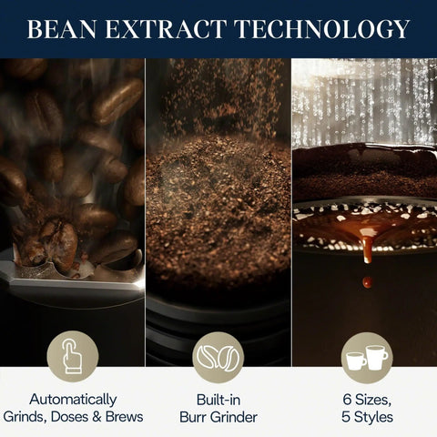 TrueBrew Drip Coffee Maker With Built-In Grinder And Bean Extract Technology demonstrating grinding and brewing process