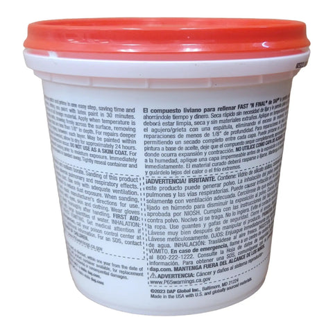 Side view of a 1 Qt container of Fast N Final Ready To Use White Lightweight Spackling Compound with product information label.