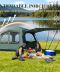 Family Cabin Tent For 6-8 With Porch And 2 Rooms, Waterproof Glamping; tent by lake with extended porch, suitable for families.