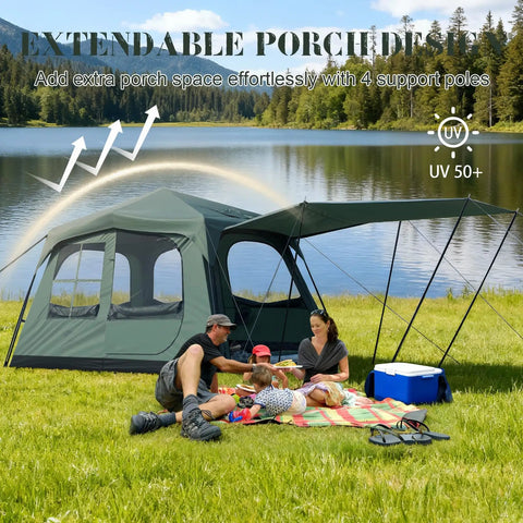 Family Cabin Tent For 6-8 With Porch And 2 Rooms, Waterproof Glamping; tent by lake with extended porch, suitable for families.