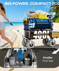 Woman pulling Heavy Duty Double Decker Beach Wagon Cart with 500Lb load capacity, 400L dual level storage, balloon wheels on sand.