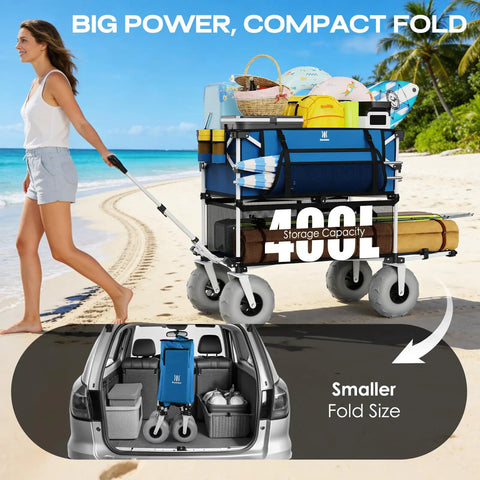 Woman pulling Heavy Duty Double Decker Beach Wagon Cart with 500Lb load capacity, 400L dual level storage, balloon wheels on sand.