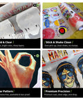Four images showing 50 Sheets DTF Transfer Film Eight Point Five By Eleven Clear Transfer Paper for vivid prints and precision use.