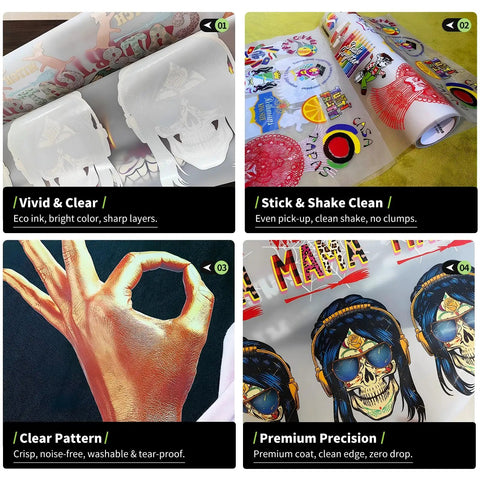 Four images showing 50 Sheets DTF Transfer Film Eight Point Five By Eleven Clear Transfer Paper for vivid prints and precision use.
