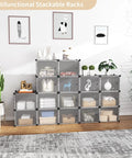 Multifunctional stackable racks in living room, showing various uses with home decor and books, featuring plastic cubes.
