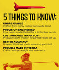 Image of Premium Golf Tees With Reduced Spin And Low Friction For Higher Launch And Longer Carry, features listed on yellow background.
