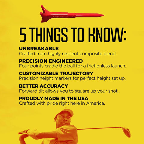 Image of Premium Golf Tees With Reduced Spin And Low Friction For Higher Launch And Longer Carry, features listed on yellow background.