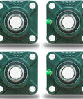 Four green UCF205-16 pillow block bearings, front view, square flange, four-bolt mounting, 1 inch bore