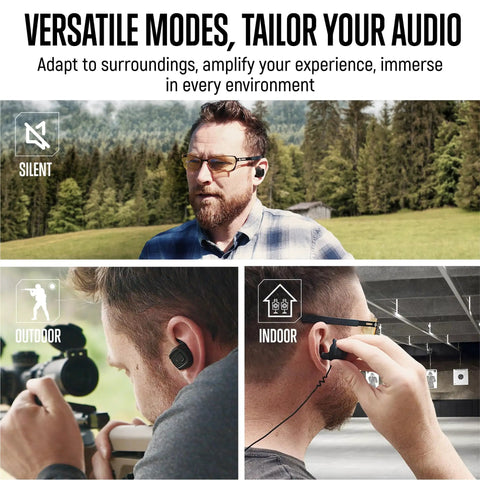 Man using Wireless Shooting Ear Protection Earplugs With Bluetooth Hearing Protection Earbuds For Noise Reduction in outdoor and indoor settings