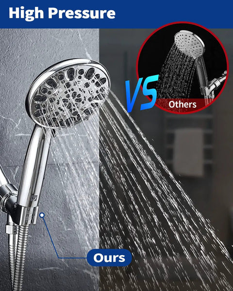 Side-by-side comparison of High Pressure Handheld Shower Head With Seven Spray Modes For Custom Comfort against regular shower.