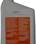 Back label of Workhorse Hydraulic Jack Oil 32 Oz with product details and usage instructions visible on the orange background.