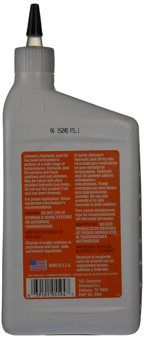 Back label of Workhorse Hydraulic Jack Oil 32 Oz with product details and usage instructions visible on the orange background.