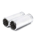 Close-up of two smooth chrome plated sockets from 176 Piece Socket Set With 1/4 3/8 And 1/2 Inch Drives 12 Point Standard And Deep SAE And Metric Sockets Off Corner Loading Keeps Rounding Down Chamfered Openings Help Fasteners Snap In Smooth Chrome Plated For Real World Tough Built To Last