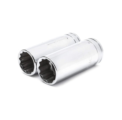 Close-up of two smooth chrome plated sockets from 176 Piece Socket Set With 1/4 3/8 And 1/2 Inch Drives 12 Point Standard And Deep SAE And Metric Sockets Off Corner Loading Keeps Rounding Down Chamfered Openings Help Fasteners Snap In Smooth Chrome Plated For Real World Tough Built To Last