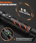 Hella Bright Rechargeable Flashlight With 30W LED 100000 Lumens 12 Hour Runtime USB C Input and LCD Power Display showing 6-12hrs