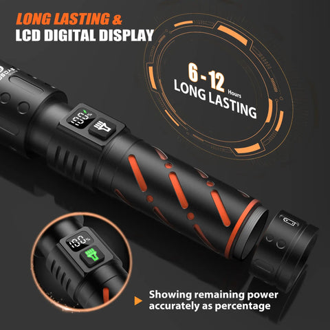 Hella Bright Rechargeable Flashlight With 30W LED 100000 Lumens 12 Hour Runtime USB C Input and LCD Power Display showing 6-12hrs