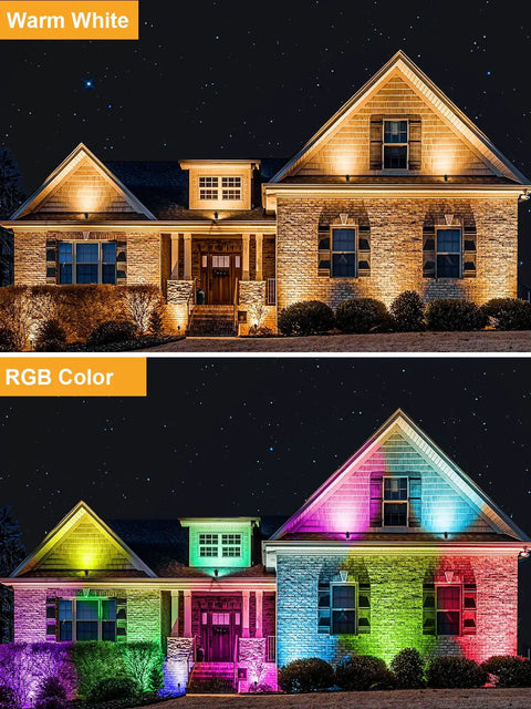 Warm white and RGB colors showcasing Low Voltage RGB Landscape Lights With Timer Transformer And Connector, 5W outdoor LED spotlights.