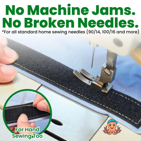 Heavy Duty Sew On Hook And Loop Tape For Fabric 3 4 Inch By 33 Feet Black being sewn with a sewing machine needle.