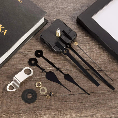 High Torque Long Shaft Clock Movement Mechanism For Wall Quartz Clocks Kit With Two Pairs Of Hands DIY Repair Parts And Motor Replacement Color Set 1 Includes 23 mm Shaft Length on wooden surface