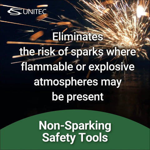 Text promoting non-sparking safety tools for hazardous environments with sparks in background, featuring the words "Non-Sparking Safety Tools."