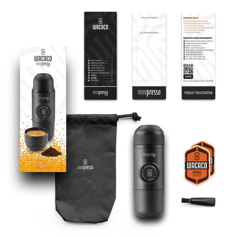 Minipresso GR Portable Espresso Machine For Ground Coffee, manual hand press coffee maker with accessories and packaging