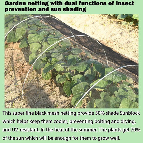 Extra Thick Garden Mesh Netting 6.6 X 33 Ft Mosquito And Bird Barrier For Veggies Fruits Flowers And Patios With Nano Composite Weave And 30 Percent Shade In Black over plants