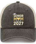 All Season Trucker Cap For Men And Women With Adjustable Buckle showing 'Senior Mom Class of 2027' design on front.