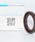 Brown rotary shaft oil seal for hydraulic pumps, DMHUI brand, side view next to its box.