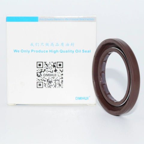 Brown rotary shaft oil seal for hydraulic pumps, DMHUI brand, side view next to its box.