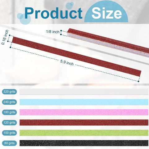 Dimensions and grit range of 60 Piece Sanding Sticks Set For Plastic And Wood Models With 30 Polishing Sticks And 30 Sanding Twigs