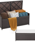 Outdoor 34 Gallon Storage Bench With Seat Cushion And Waterproof Liner, Wicker Brown Deck Box open displaying stored items