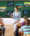 Teacher in a classroom discussing Six Geography Poster Set With Five Themes Of Geography For Social Studies Classrooms displayed on board.