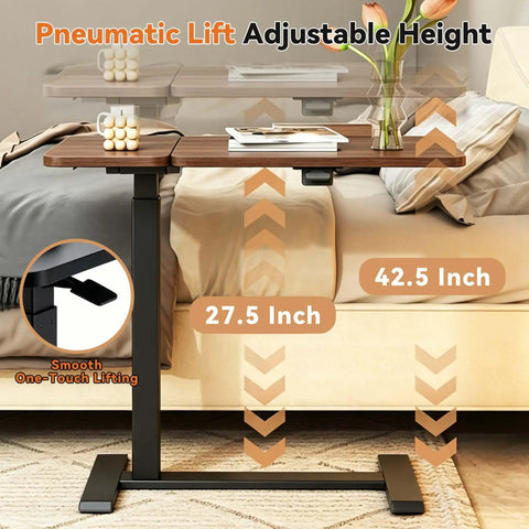 Solid Mobile Standing Desk With Pneumatic Lift And Tilt Top, Smooth Swivel Casters, Heavy Duty Steel Frame Walnut Laptop Workstation adjustable height with 27.5 to 42.5 inch lift.