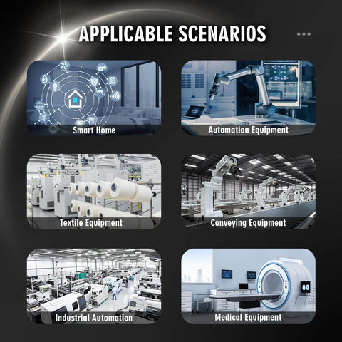 Collage showing applicable scenarios for beefy metal DC geared down motor, including smart home and medical equipment.