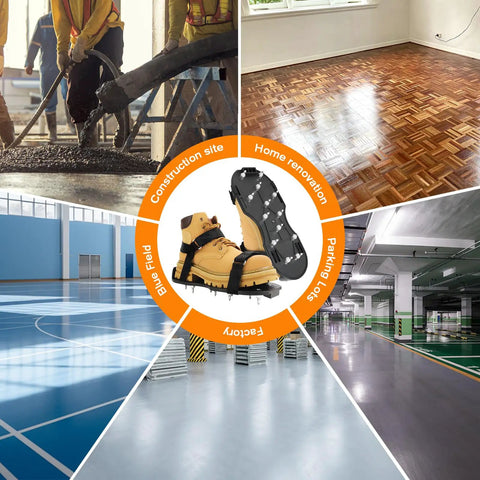 Spiked Epoxy Floor Shoes With Three Quarter Inch Short Spikes, Satin Black Pro Grade, depicted at various installation sites