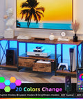 Industrial Rustic Brown TV Stand With Two Fabric Drawers And Open Shelving Spacious 55 Inch Entertainment Console in stylish living room setup.