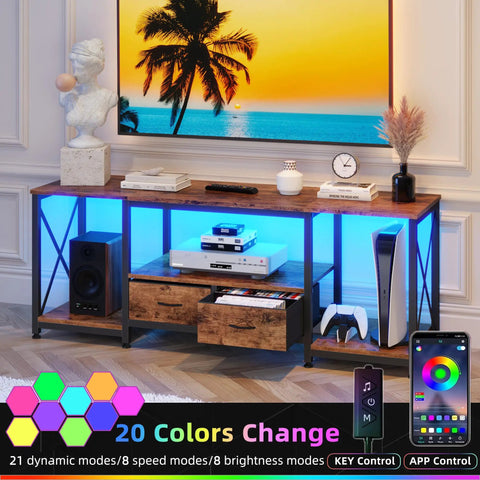 Industrial Rustic Brown TV Stand With Two Fabric Drawers And Open Shelving Spacious 55 Inch Entertainment Console in stylish living room setup.