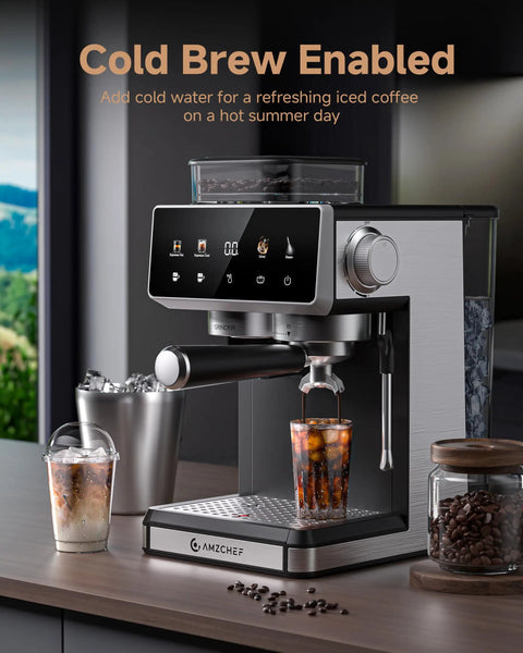 Espresso Machine With Built In Grinder For Home Use 20 Bar Pressure 1350W Fast Heating 3 Temperature Settings 3 To 10 Second Pre Infusion 20 Grind Settings Latte Cappuccino Maker For Home Barista Pro Black on kitchen counter with cold brew coffee.