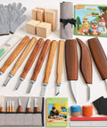 Wood Carving Kit With 29 Piece Tools Whittling Set For Beginners DIY Hobbyists Grab And Go Gray Carrying Bag displayed with tools