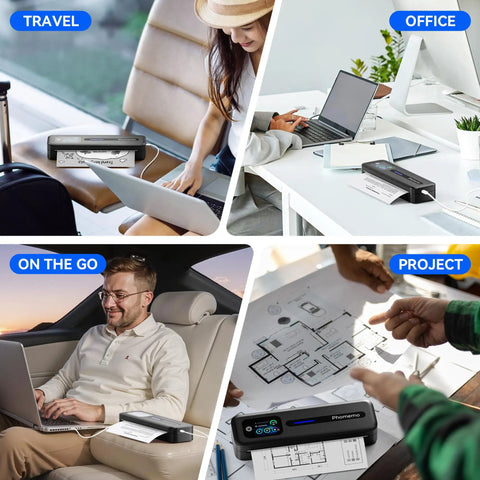 Upgraded Portable Wireless Printer With Touchscreen, Bluetooth Thermal Inkless M832D showing various use cases: travel, office, on the go.