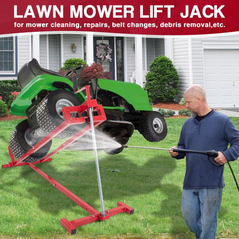Upgraded Telescopic Lawn Mower Lift Jack For Riding Mowers And Garden Tractors in use lifting a green mower.