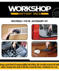 Three Piece Wet Dry Vacuum Attachment Kit For One Seven Eight Inch Wands And Hoses With Crevice Tool Wet Nozzle And Dusting Brush Fits Most Shop Vacuums For Quick Home Garage And Workshop Cleanup And Messes Tackled Fast shown in various cleaning situations.