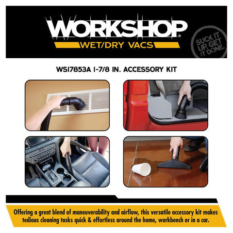 Three Piece Wet Dry Vacuum Attachment Kit For One Seven Eight Inch Wands And Hoses With Crevice Tool Wet Nozzle And Dusting Brush Fits Most Shop Vacuums For Quick Home Garage And Workshop Cleanup And Messes Tackled Fast shown in various cleaning situations.