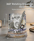 360 Degree Rotating Desk Organizer Cup With Silent Swivel, Dual Use Pencil Holder And Makeup Brush Caddy filled with desk items
